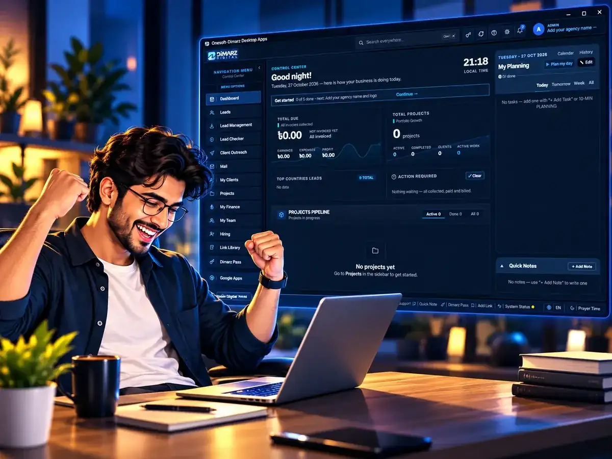 A happy freelancer celebrating in front of the bdi4 Workspace dashboard