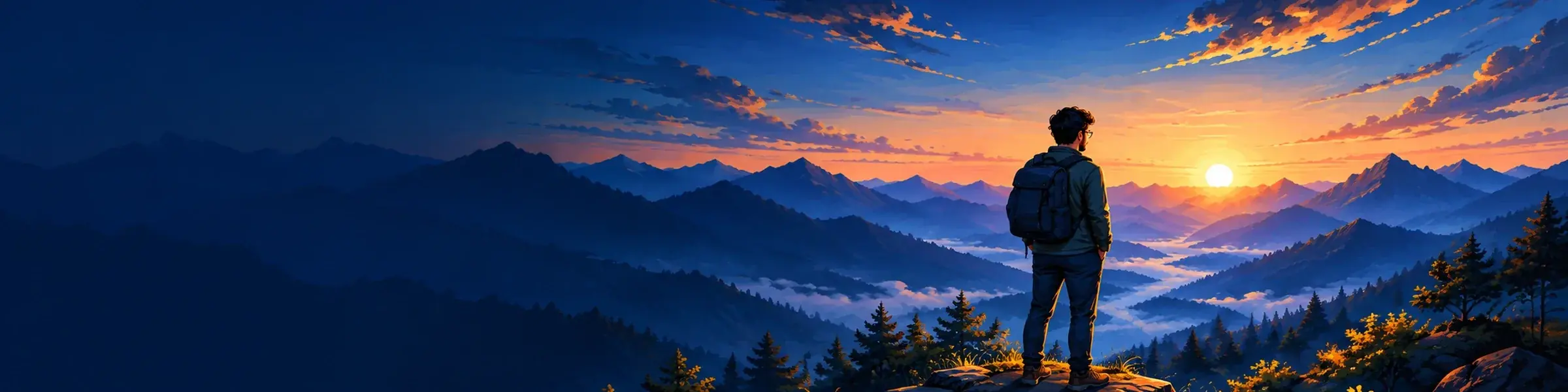 Illustrated sunrise over blue mountains