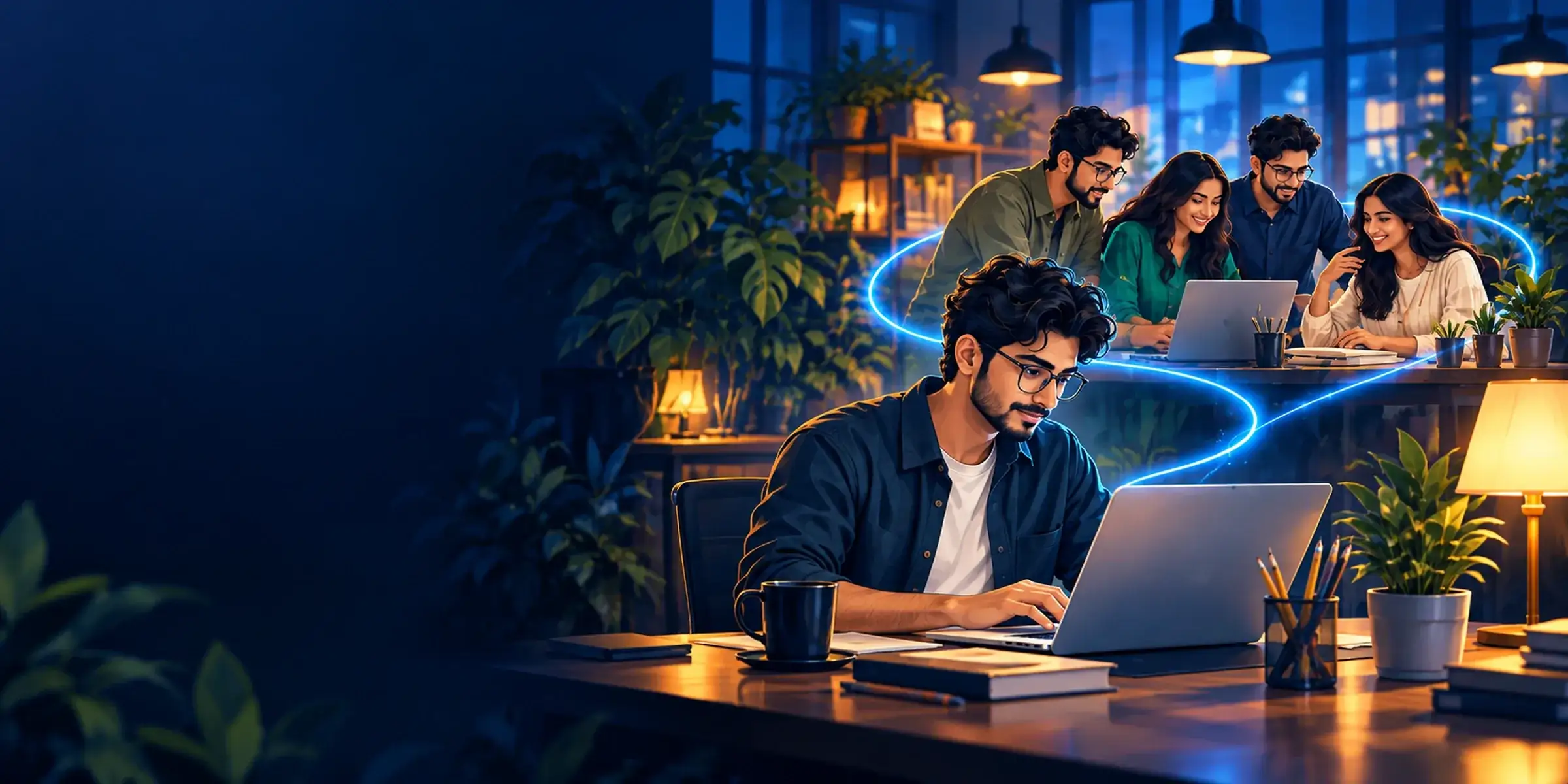 Illustrated freelancer and a small team working together in a blue-lit office