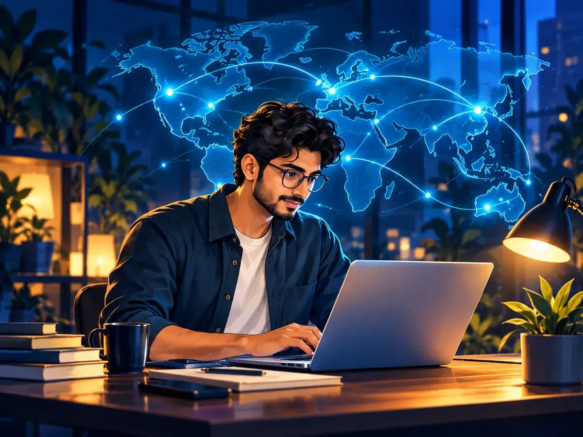 Illustrated freelancer exploring a glowing global network