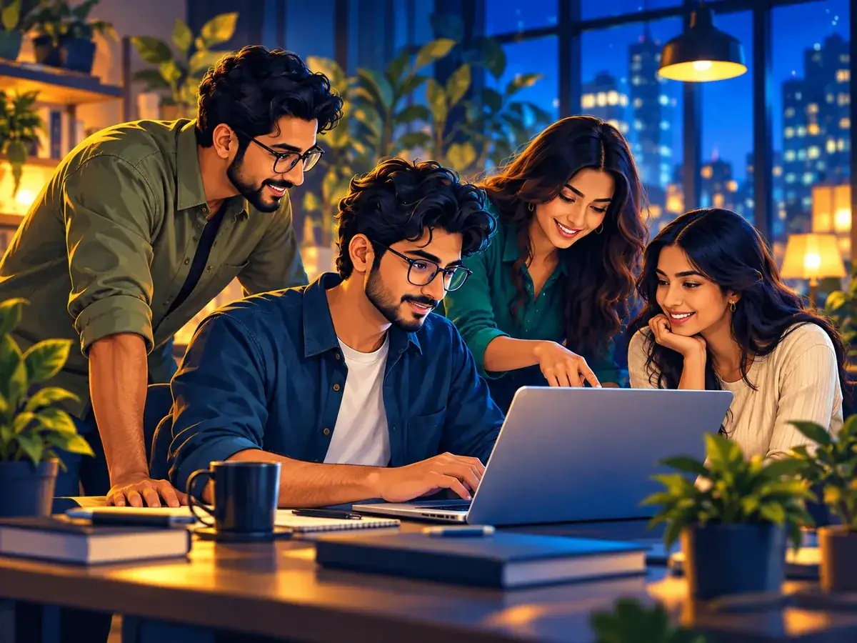 Illustrated team collaborating around a laptop