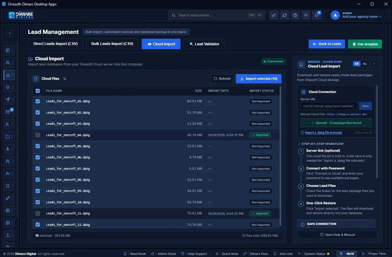 Screenshot of the Lead Management · Cloud Import page
